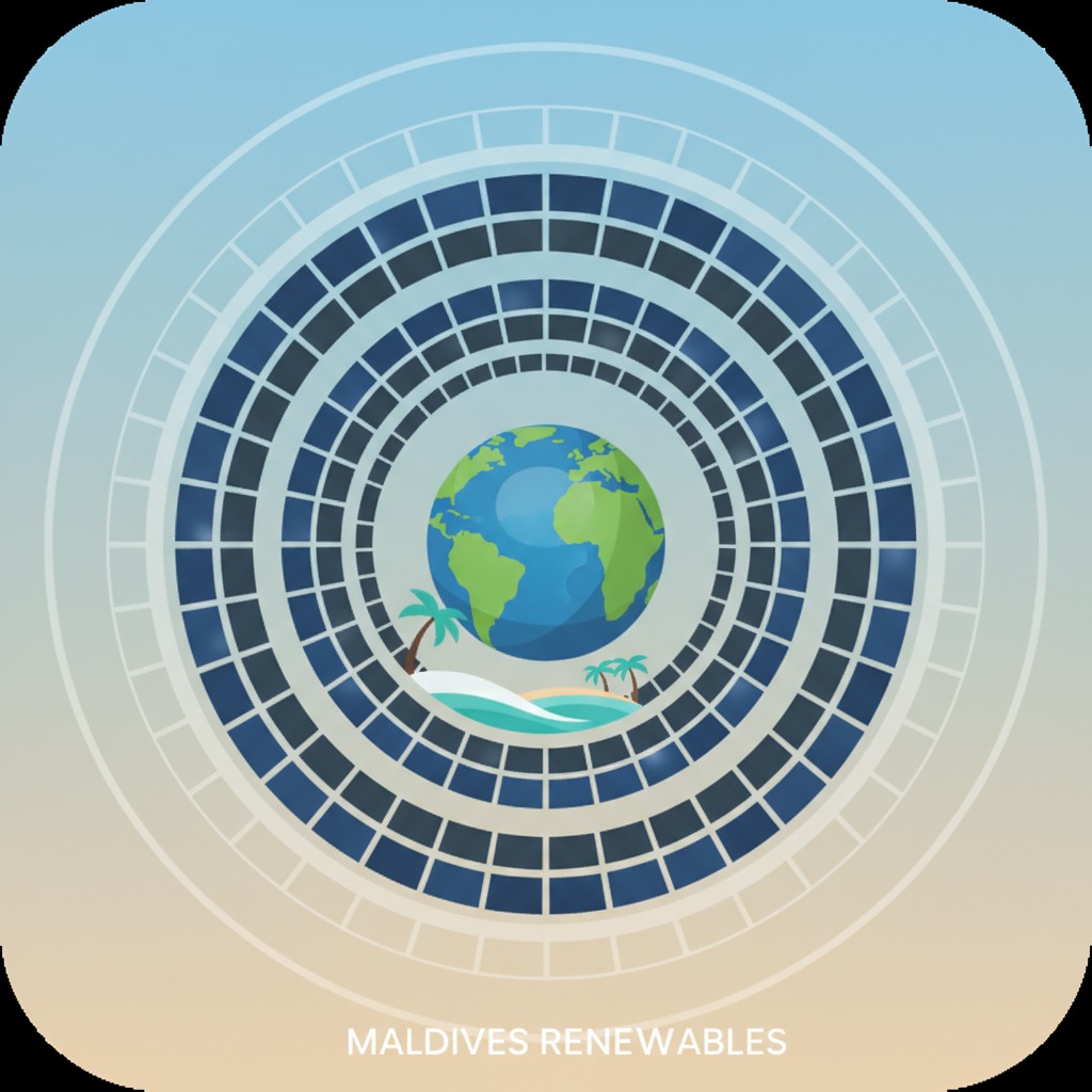 Concentric rings of solar panels surround a globe with a small tropical island at its base, set against a gradient background with the text "MALDIVES RENEWABLES" at the bottom.